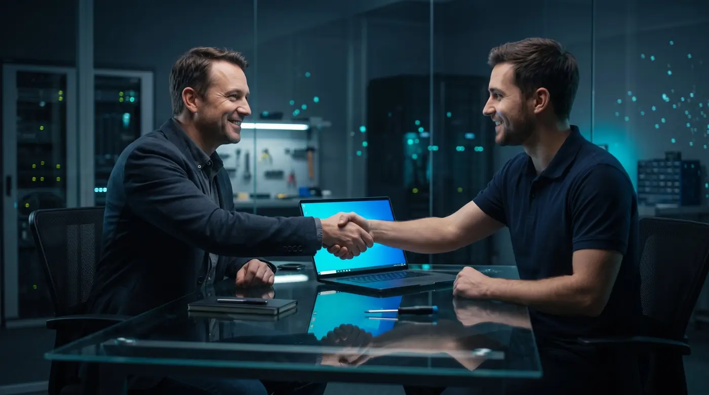A business owner and a technician shaking hands across a desk
